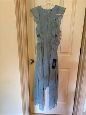 BCBGMaxAzria Powder Blue Floral Asymmetrical Ruffle Dress